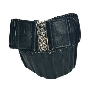 Vintage Black Faux Leather Ruffle Stretch Wide Belt Retro